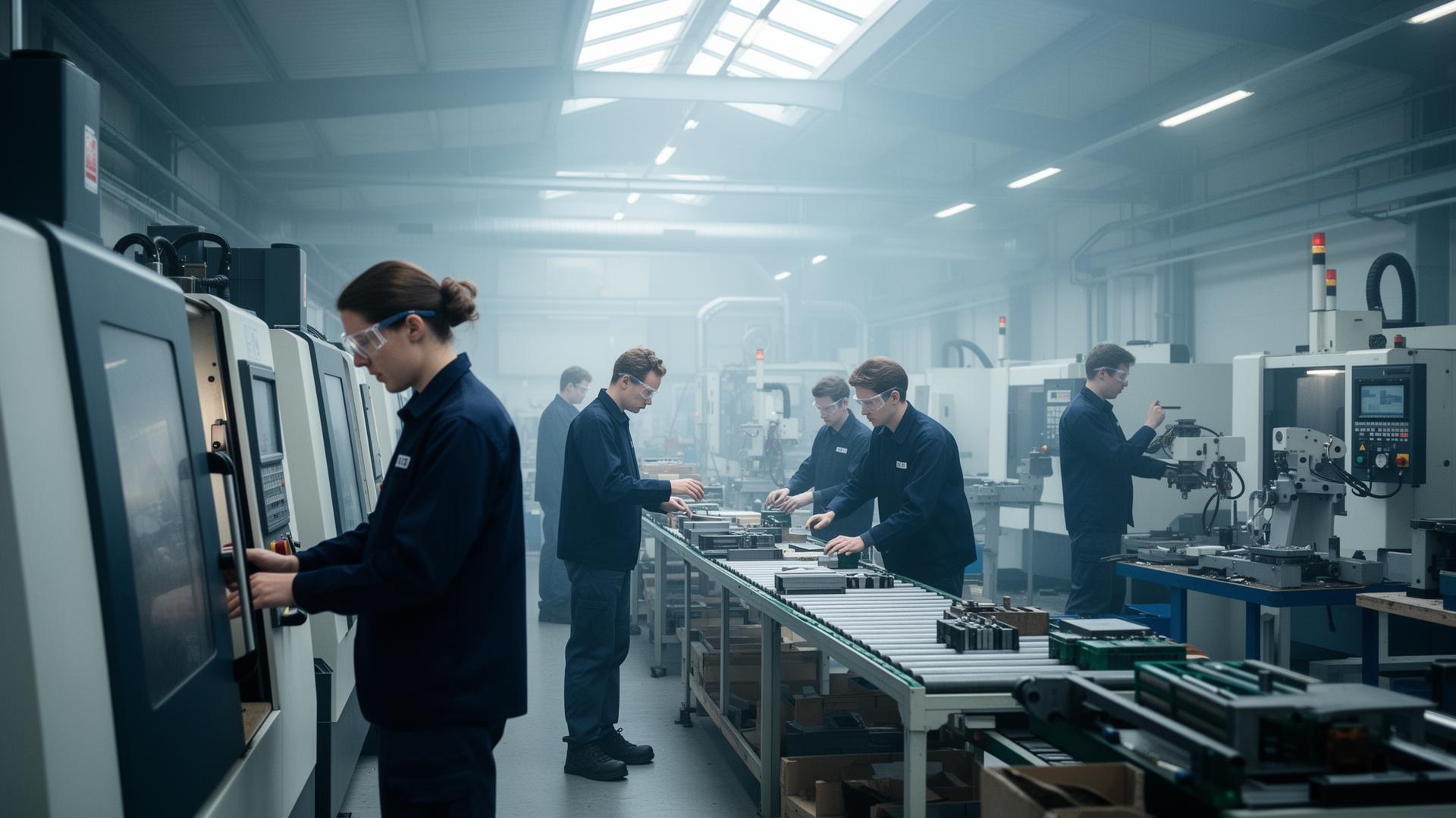 Productiemedewerkers aan het werk in een moderne maakindustrie-omgeving